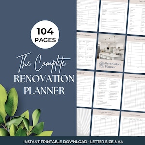 May include: A 104-page digital renovation planner featuring various printable templates for project management, including timeline development, progress tracking, cost comparison, and material costing, with a blue cover and green leaves.