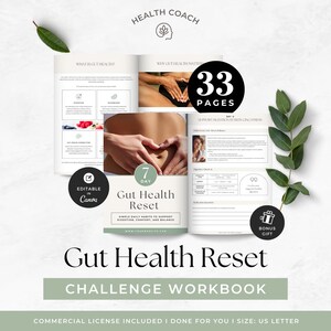 May include: A 33-page Gut Health Reset challenge workbook in US Letter size. The digital document features sections on gut health, daily habits, and reflection questions. It includes an editable Canva template, a bonus gift, and a commercial licence.