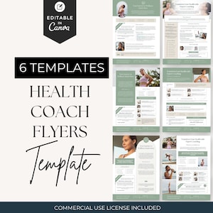 Peut inclure: Six modèles de flyers pour coach de santé. Les modèles présentent un schéma de couleurs vert et blanc avec des images de personnes faisant de l'exercice et se relaxant. Le texte sur les flyers comprend les mots "Transformez votre santé avec un coaching d'expert" et "Votre voyage vers le bien-être commence ici".