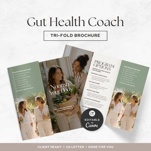 May include: A tri-fold brochure for a gut health coach featuring a soft green and white color palette. The design includes text such as Nourish Your Body, Program Options, and Gut Health Coach, alongside photographs of a person holding vegetables.