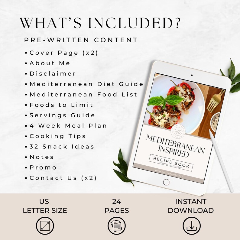 Op de afbeelding: Een digitale download voor een mediterraan ge&iuml;nspireerd kookboek met 24 pagina's. De omslag toont een foto van gevulde paprika's en de tekst "Mediterranean Inspired Recipe Book".