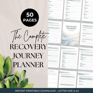May include: A 50-page recovery journey planner with a beige cover featuring black text that reads The Complete RECOVERY JOURNEY PLANNER. The interior pages include sections for relapse management, support systems, and self-care activities.