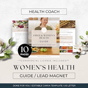 Könnte beinhalten: Ein digitaler Leitfaden für die Gesundheit von Frauen mit dem Titel "Fiber & Women's Health Guide". Der Leitfaden umfasst 10 Seiten und Informationen über die Auswirkungen des Verzichts auf zugesetzten Zucker. Der Leitfaden ist ein digitaler Download und beinhaltet eine kommerzielle Lizenz. Der Leitfaden ist ein Leadmagnet für Gesundheitscoaches.