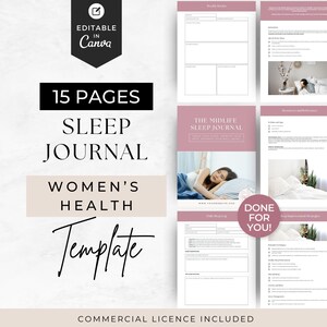 May include: A 15-page sleep journal template for health tracking, editable in Canva. The document features a dusty rose and white colour scheme with sections for weekly reviews, daily logs, and sleep improvement strategies, including text labels like The Midlife Sleep Journal and Done For You.