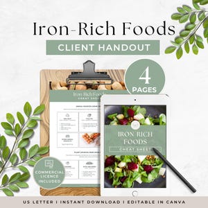 May include: A four-page Iron-Rich Foods client handout set featuring a clipboard with a printed cheat sheet and a tablet displaying the same guide. The documents include nutritional information on animal and plant sources of iron with green accents.