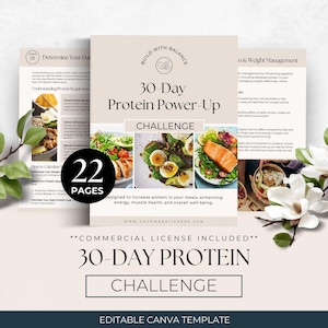 May include: A 22-page 30-Day Protein Power-Up Challenge digital template for Canva. The cover features a beige background, the title text, and three food images including avocado toast and salmon. The document includes nutritional information.