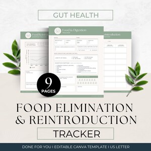 May include: A nine-page gut health food elimination and reintroduction tracker template. The document features sage green headers, white backgrounds, and sections for tracking meals, digestion symptoms, water intake, and symptom severity over time.