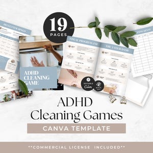 May include: A collection of printable ADHD Cleaning Games, a Canva template, with 19 pages. The design features a light blue and white color scheme with the text "ADHD Cleaning Games" and "Canva Template". Includes a commercial license.