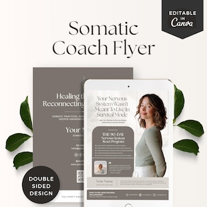 Könnte beinhalten: Eine doppelseitige Vorlage für einen Flyer für somatisches Coaching in neutralen Farben mit dunkelgrauem und weißem Text. Das Design enthält ein Porträt einer Person, Details zu einem 90-Tage-Programm und einen QR-Code für den Kontakt.