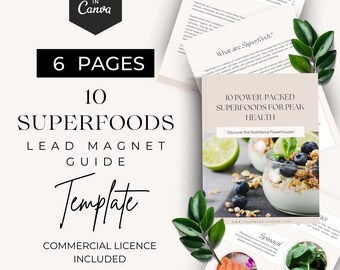 Guía de superalimentos para clientes (plantilla editable de Canva), imán de clientes potenciales para coaches de salud, libro electrónico de nutrición, recursos del curso, folleto, guía de nutrición.