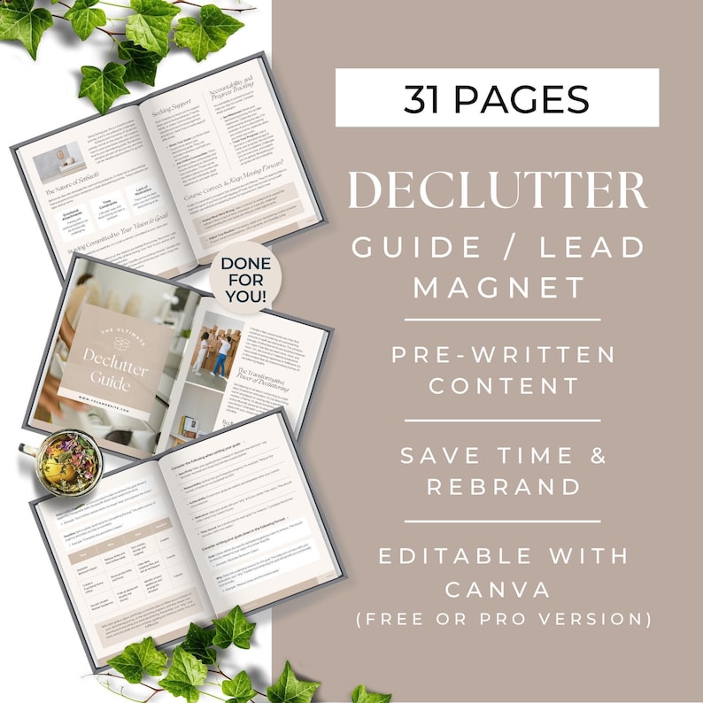 Decluttering Guide Editable Template, Life Coach Lead Magnet, Organization Experts Program Resource, Minimalist Living Checklist, Canva image 2