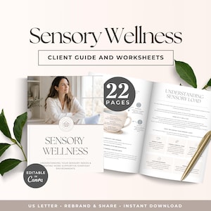 Puede incluir: Una guía para clientes y hojas de trabajo de Sensory Wellness de 22 páginas. La portada muestra el título, una foto de una persona y un logotipo. Las páginas interiores muestran el texto Understanding Sensory Load, iconos y un bolígrafo dorado.