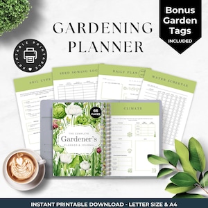 May include: A printable gardening planner and journal featuring a floral cover with the text The Complete Gardener's Planner & Journal. Includes pages for soil type, seed sowing logs, daily plans, water schedules, and climate tracking with 66 pages.