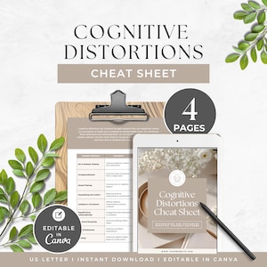 May include: A digital product titled "Cognitive Distortions Cheat Sheet" with the text "4 Pages". The image shows a clipboard, a tablet with a stylus, and a sprig of greenery. The product is editable in Canva.