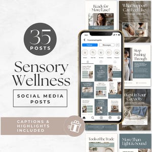 Può includere: Una collezione digitale di 35 post per social media sul benessere sensoriale, visualizzata sullo schermo di uno smartphone. Le grafiche presentano toni blu e beige tenui con testo bianco, inclusi titoli come Ready for More Ease e Stop Pushing Through.