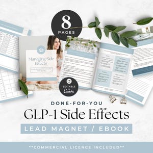 May include: An 8-page GLP-1 side effects lead magnet ebook template with a light blue and white color scheme. The document features text sections on managing side effects, common symptoms, and provider contact information, all editable in Canva.