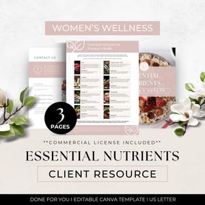 Może przedstawiać: Trzystronicowy cyfrowy szablon zasobów dla klientów zatytułowany Women's Wellness oraz Essential Nutrients for Women's Health. Dokument zawiera listę składników odżywczych, źródeł żywności i dane kontaktowe, utrzymane w delikatnej różowo-białej kolorystyce.