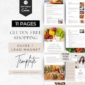 May include: A digital template for a gluten-free shopping guide. The template is designed to be used as a lead magnet for a health and wellness business. The template includes 11 pages of information on gluten-free shopping, including tips for reading labels, finding gluten-free options, and navigating the grocery store. The template is also designed to be easily customizable, so you can add your own branding and information.