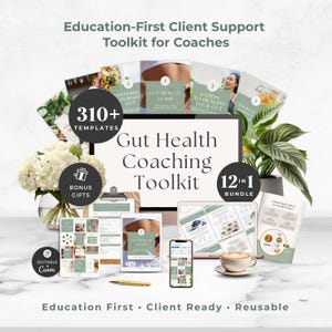 May include: A digital coaching toolkit featuring 310+ templates, a 12-in-1 bundle, and bonus gifts. The display includes a computer monitor, tablet, and smartphone showing gut health guides, documents, and social media layouts with editable Canva text.
