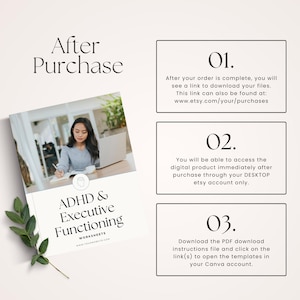 May include: A digital product cover titled "ADHD & Executive Functioning WORKSHEETS" featuring a woman working on a laptop. The image includes instructions on how to access the digital product after purchase.