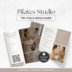 May include: A tri-fold Pilates studio brochure template featuring neutral tones, photography of individuals practicing Pilates, and text sections detailing services, contact information, and a QR code. The design includes the text Editable in Canva.