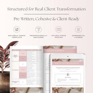 以下が含まれることがあります： 「Structured for Real Client Transformation」と「Pre-Written, Cohesive & Client-Ready」のテキストが入ったデジタル評価テンプレート。画像には、タブレットとピンクのアクセントが付いた開いたノートが含まれています。