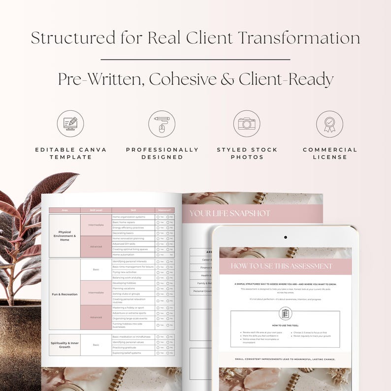 以下が含まれることがあります： 「Structured for Real Client Transformation」と「Pre-Written, Cohesive & Client-Ready」のテキストが入ったデジタル評価テンプレート。画像には、タブレットとピンクのアクセントが付いた開いたノートが含まれています。