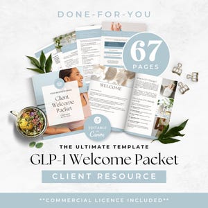 Pode incluir: Um modelo de recurso para clientes GLP-1 Welcome Packet de 67 páginas, editável no Canva. O documento apresenta páginas em azul claro e branco com texto, fotografias e um emblema circular. Inclui uma chávena de chá, folhas verdes e clipes.
