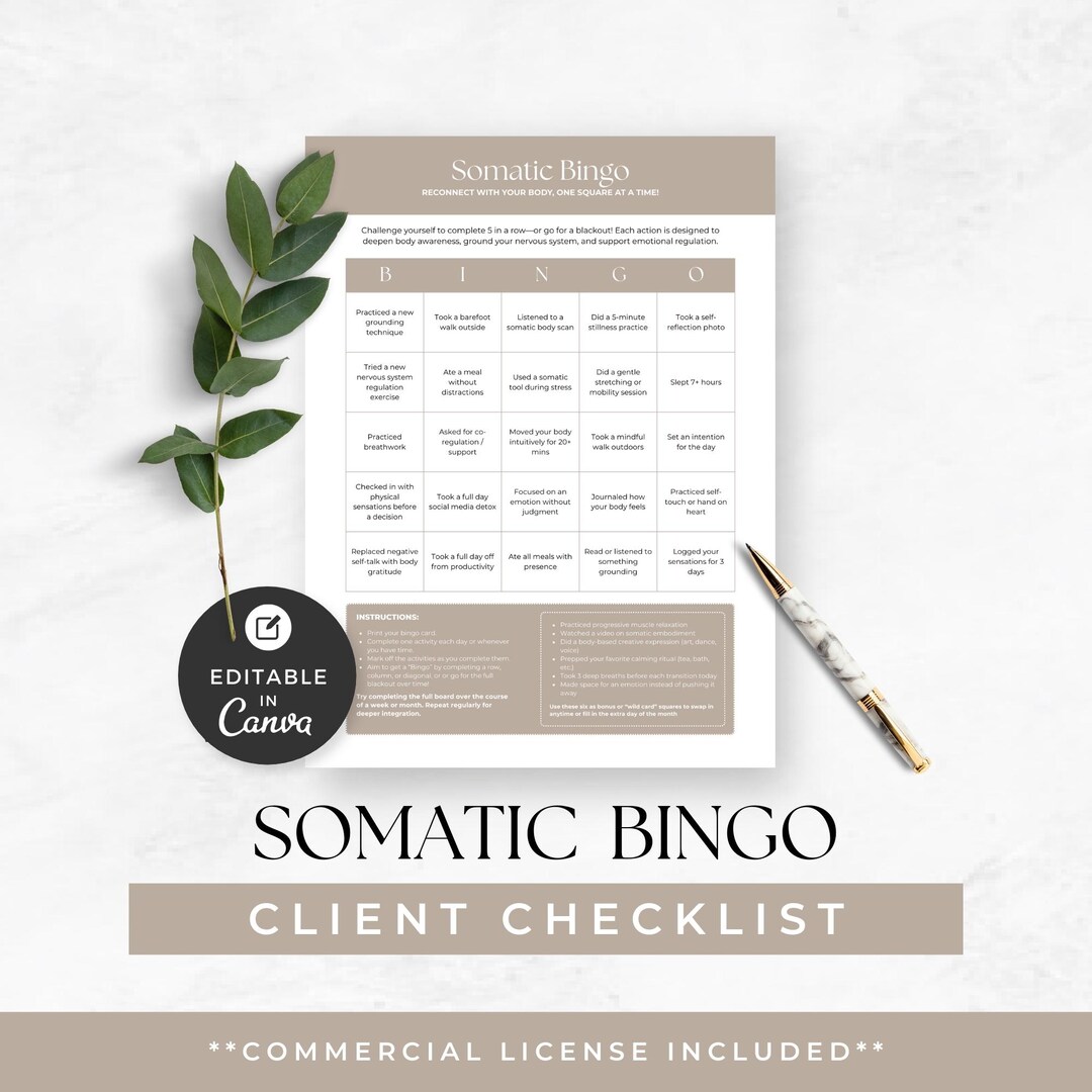Somatic Bingo Editable Template, Wellness Coach Client Checklist ...