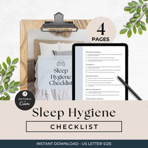 May include: A digital sleep hygiene checklist template featuring four pages, displayed on a tablet screen with a stylus. The document includes sections for mind and stress management, technology use, and sleep activities, with a bed icon and text.