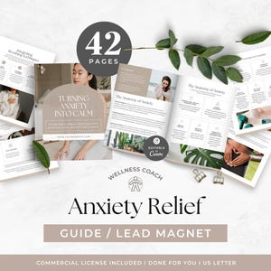 Puede incluir: Una guía digital de 42 páginas titulada Turning Anxiety Into Calm, que incluye contenido de bienestar, texto e imágenes. El diseño incluye secciones sobre la anatomía de la ansiedad, técnicas de respiración y ejercicios en formato Canva.