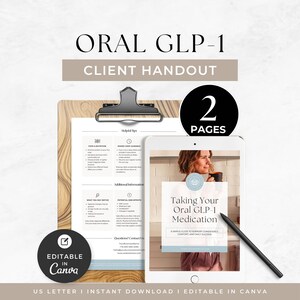 Peut inclure: Un ensemble de documents numériques intitulé Oral GLP-1 Client Handout comprenant deux pages. Une page est sur un presse-papier en bois et l'autre est affichée sur un écran de tablette avec un stylet. Le texte inclut Taking Your Oral GLP-1 Medication.