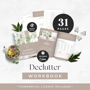 Puede incluir: Un conjunto de 31 páginas de hojas de trabajo de organización con tonos beige y blanco, un icono de regalo y una insignia de editable en Canva. Las páginas incluyen objetivos, rastreadores de recompensas y tablas de bingo, junto a una taza de té.