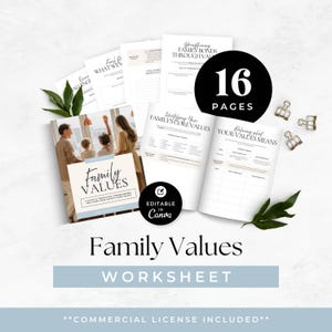May include: A 16-page family values worksheet set featuring a cover with a family photo, interior pages with prompts for identifying core values, and defining what values mean. Includes black binder clips and green leaves as decorative accents.