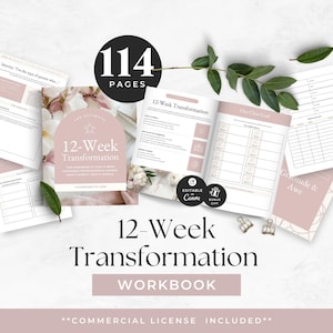 以下が含まれることがあります： 114ページ、ピンクと白のデザインの12週間変革ワークブック。表紙にはタイトルが表示され、「商用ライセンスが含まれています」というテキストが含まれています。ワークブックは開いており、内側のページが表示されています。