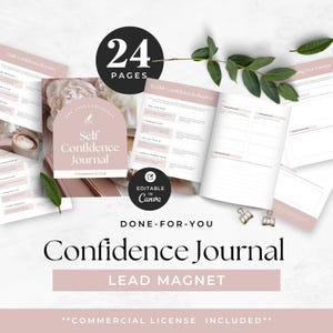 May include: A 24-page self-confidence journal template featuring a dusty rose arch-shaped cover with the text Self Confidence Journal and a weekly reflection layout. The digital document includes editable pages with prompts for daily affirmations and goals.