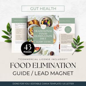 May include: A 43-page digital guide titled Traditional Food Elimination Diet Client Guide, featuring a green and white color scheme, food photography, and text about gut health, stress levels, and elimination diets, presented as a Canva template.
