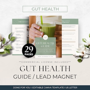 Pode incluir: Um modelo de guia de saúde intestinal de 29 páginas no formato US Letter. O documento apresenta um esquema de cores verde e branco, texto sobre bem-estar digestivo e uma imagem de capa mostrando um smoothie verde. Licença comercial incluída.