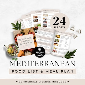 Mediterranean Food List and Meal Plan
Lead Magnet Ebook 
Canva Editable Template
Commercial license included
24 Pages