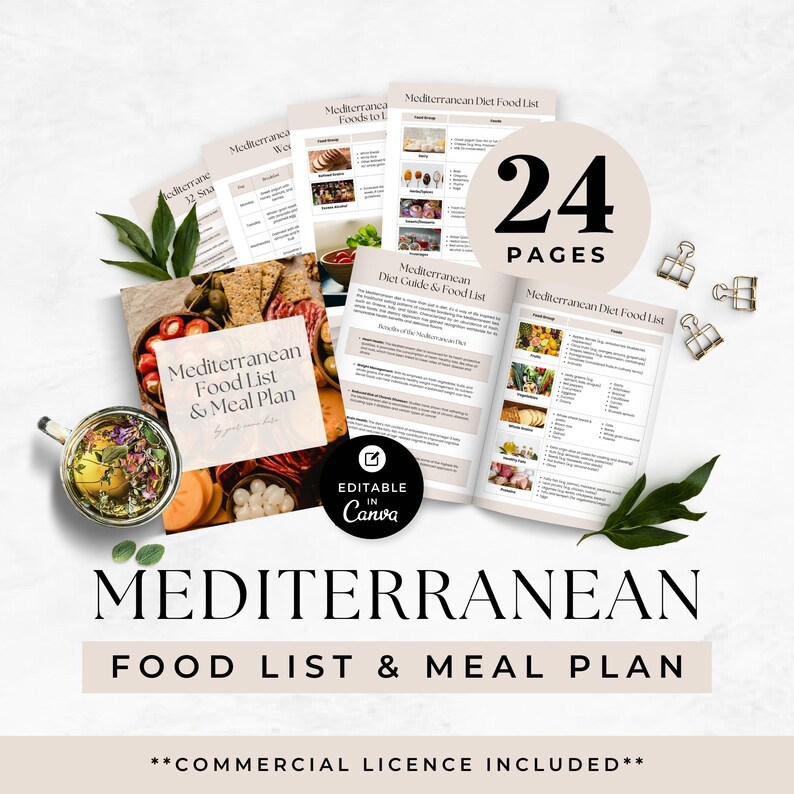 Mediterranean Food List and Meal Plan
Lead Magnet Ebook 
Canva Editable Template
Commercial license included
24 Pages