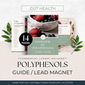 Pode incluir: Um modelo de guia digital de 14 páginas intitulado Overview of Polyphenols, apresentando uma tigela de morangos e mirtilos, listas de frutas, vegetais, nozes e sementes, com um cabeçalho Gut Health e texto de licença comercial.