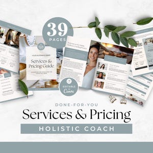 May include: A 39-page digital services and pricing guide template for a holistic coach, featuring a soft blue and white color palette. The document includes sections for business services, team profiles, and wellness programs, all editable in Canva.