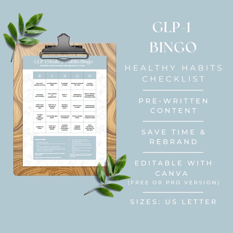 GLP-1 Healthy Habits Bingo, Health Coach Client Handout, Medical Weight Loss Education, Semaglutide and Tirzepatide Program Resource, Canva Bild 2
