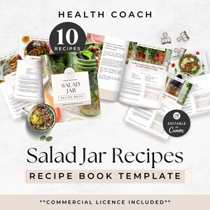 以下が含まれることがあります： 10種類のレシピを掲載したデジタルレシピブックテンプレート「Salad Jar Recipes」。Canvaで編集可能。レイアウトには、料理写真、テキスト、地中海風を含む様々なサラダジャーの作り方が記載された複数の開いたページが表示されています。