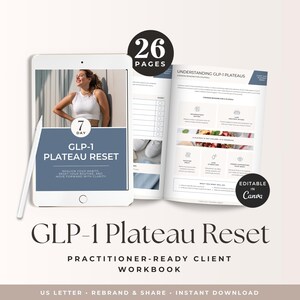Może przedstawiać: 26-stronicowy cyfrowy skoroszyt zatytułowany GLP-1 Plateau Reset, przedstawiający biały tablet i otwarte strony dokumentu. Układ zawiera tekst, ikony oraz zdjęcie osoby w białym topie. Projekt jest edytowalny w programie Canva dla formatu US Letter.