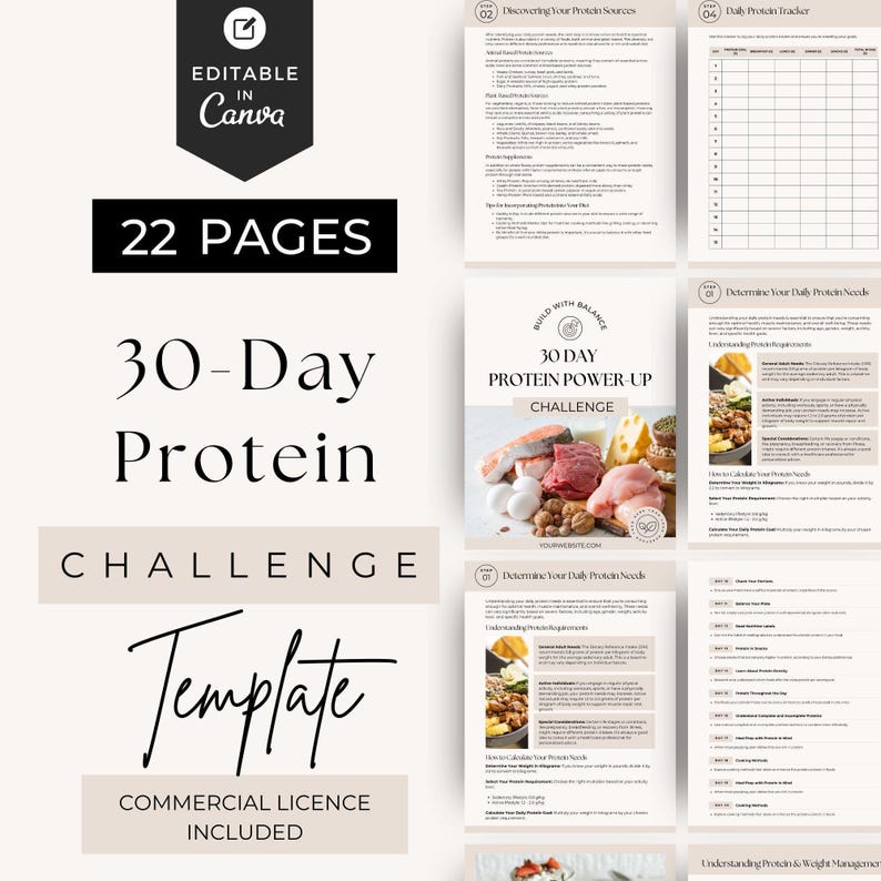 30 Day Protein Challenge
Lead Magnet Ebook 
Canva Editable Template
Commercial license included
22 Pages