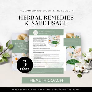 Könnte beinhalten: Ein dreiseitiger digitaler Leitfaden mit dem Titel Herbal Remedies & Safe Usage in Salbeigrün und Weiß. Das Dokument enthält Texte zu pflanzlicher Sicherheit, Vorsichtsmaßnahmen und Gesundheitscoaching, verziert mit Bildern von Ingwer und Blumen.