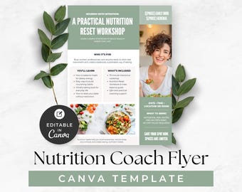Folleto para taller de coaching nutricional, plantilla editable para negocios de bienestar, marketing para coaches de salud, diseño de Canva para nutricionistas, promoción de dietistas