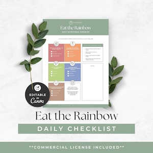 May include: A daily nutritional checklist titled Eat the Rainbow with a sage green header. The document features a grid of coloured boxes representing food groups, icons, and text, with a notes section and a black circular badge stating Editable in Canva.