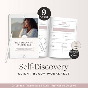 May include: A digital tablet and an open workbook titled Self-Discovery Worksheet, featuring a photo of a person, text fields for beliefs, and circular graphics. Includes badges stating 9 Pages, Free Gift, and Editable in Canva. The text reads Self-Discovery Client-Ready Worksheet.